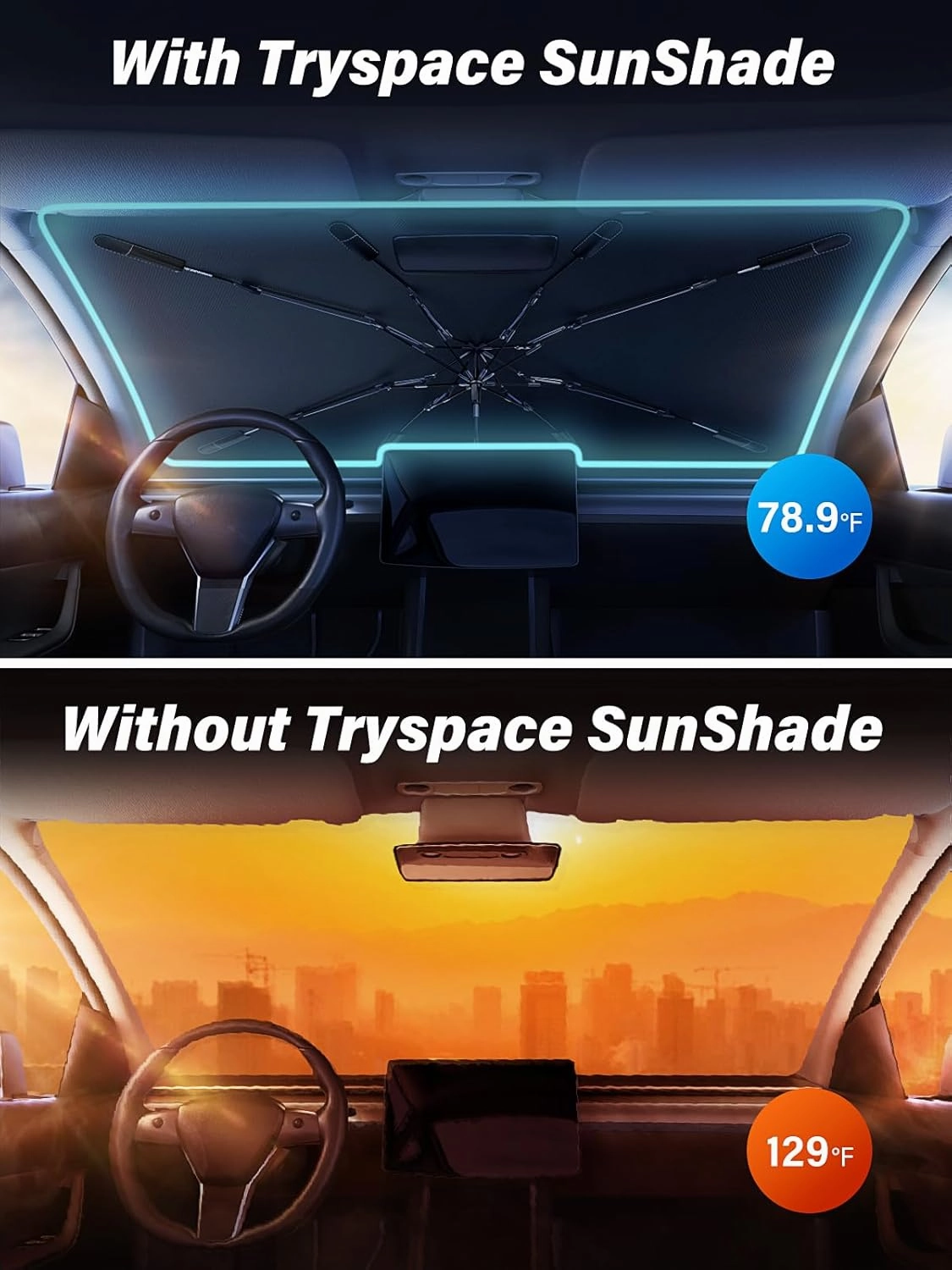 [2025 Upgrade] TrySpace Car Windshield Sun Shade Umbrella - [Silver Heat Shield & UV Reflective] Protector for Cars, Universal Fit Small (53" L x 31" W) | 25°F Cooler, Friendly Vinyl Coatings