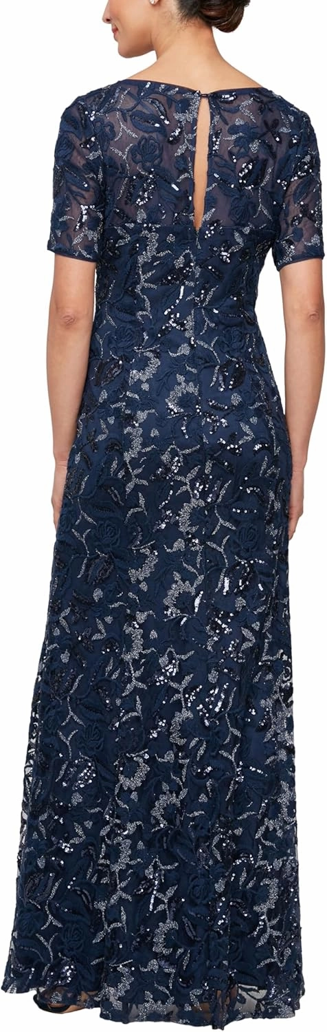 Alex Evenings Women's Long Length A-line Sequin Lace V-Neck Mother of The Bride Dress, Formal Event Gown with Short Sleeves