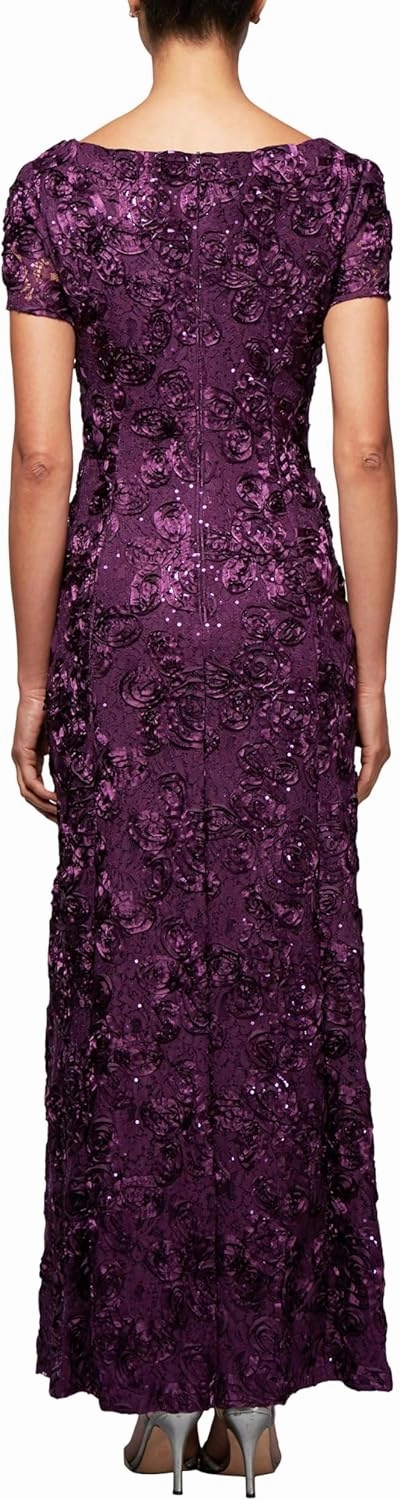 Alex Evenings Women's Long Rosette Mother of The Bride Dress with Short Sleeves, Wedding Guest (Petite and Regular Sizes)