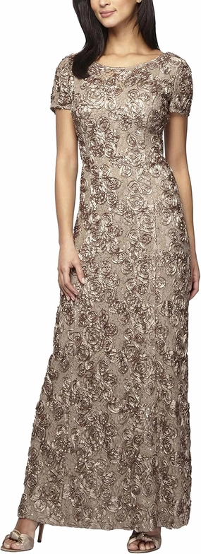 Alex Evenings Women's Long Rosette Mother of The Bride Dress with Short Sleeves, Wedding Guest (Petite and Regular Sizes)
