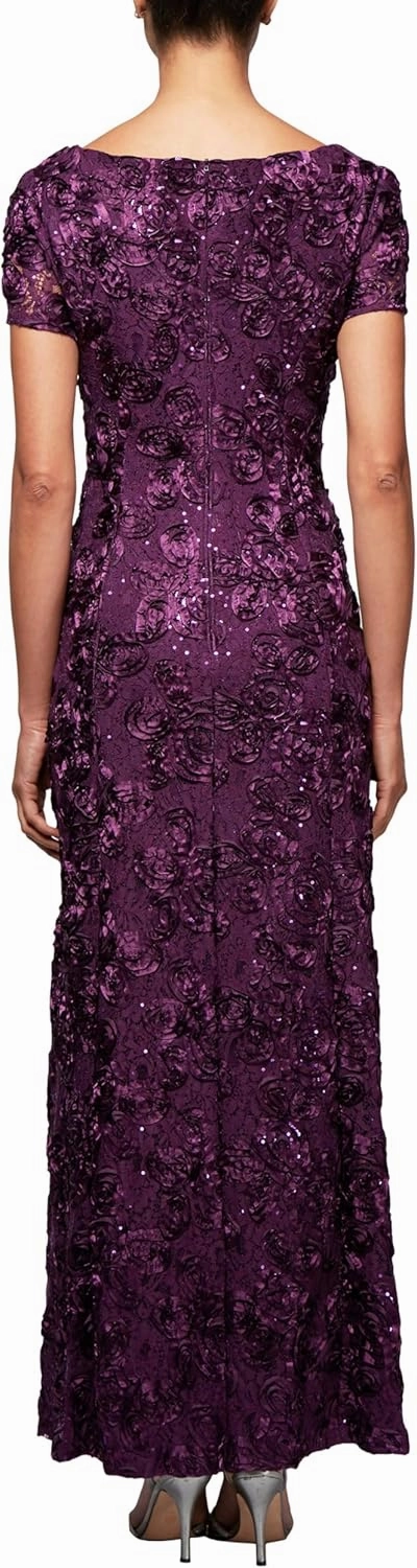 Alex Evenings Women's Long Rosette Mother of The Bride Dress with Short Sleeves, Wedding Guest (Petite and Regular Sizes)