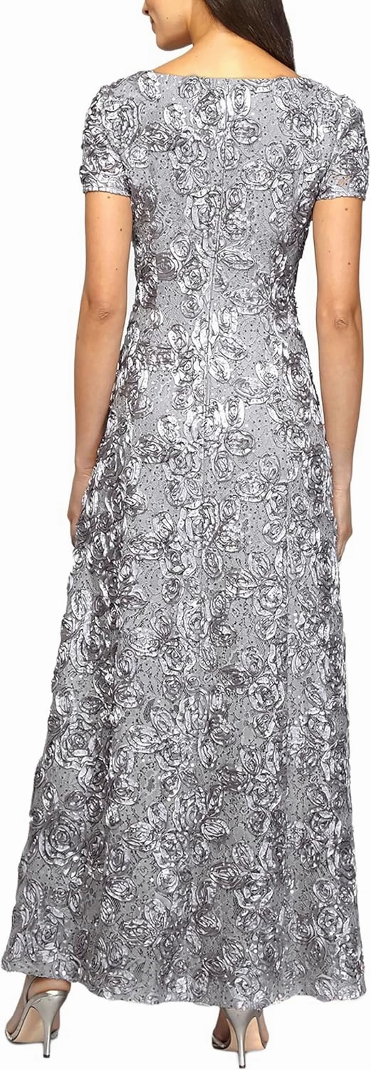 Alex Evenings Women's Long Rosette Mother of The Bride Dress with Short Sleeves, Wedding Guest (Petite and Regular Sizes)