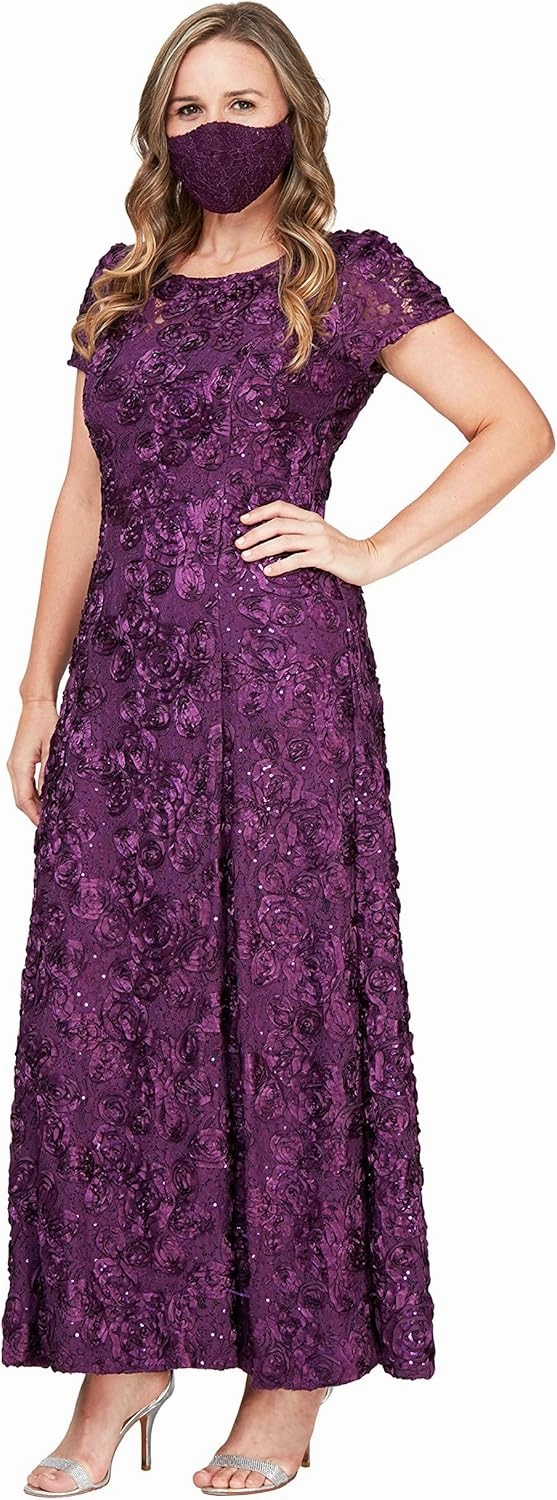 Alex Evenings Women's Long Rosette Mother of The Bride Dress with Short Sleeves, Wedding Guest (Petite and Regular Sizes)
