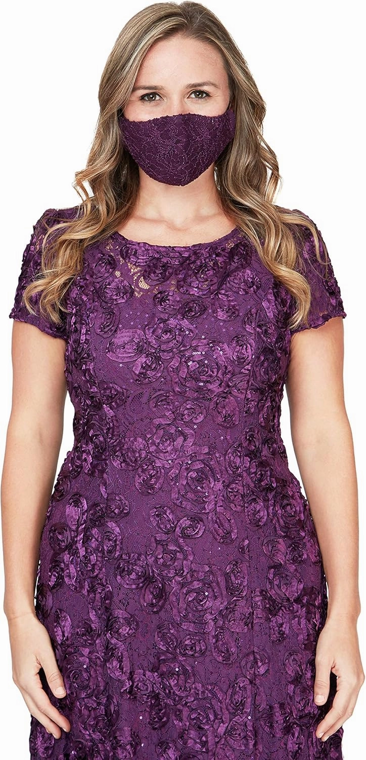 Alex Evenings Women's Long Rosette Mother of The Bride Dress with Short Sleeves, Wedding Guest (Petite and Regular Sizes)