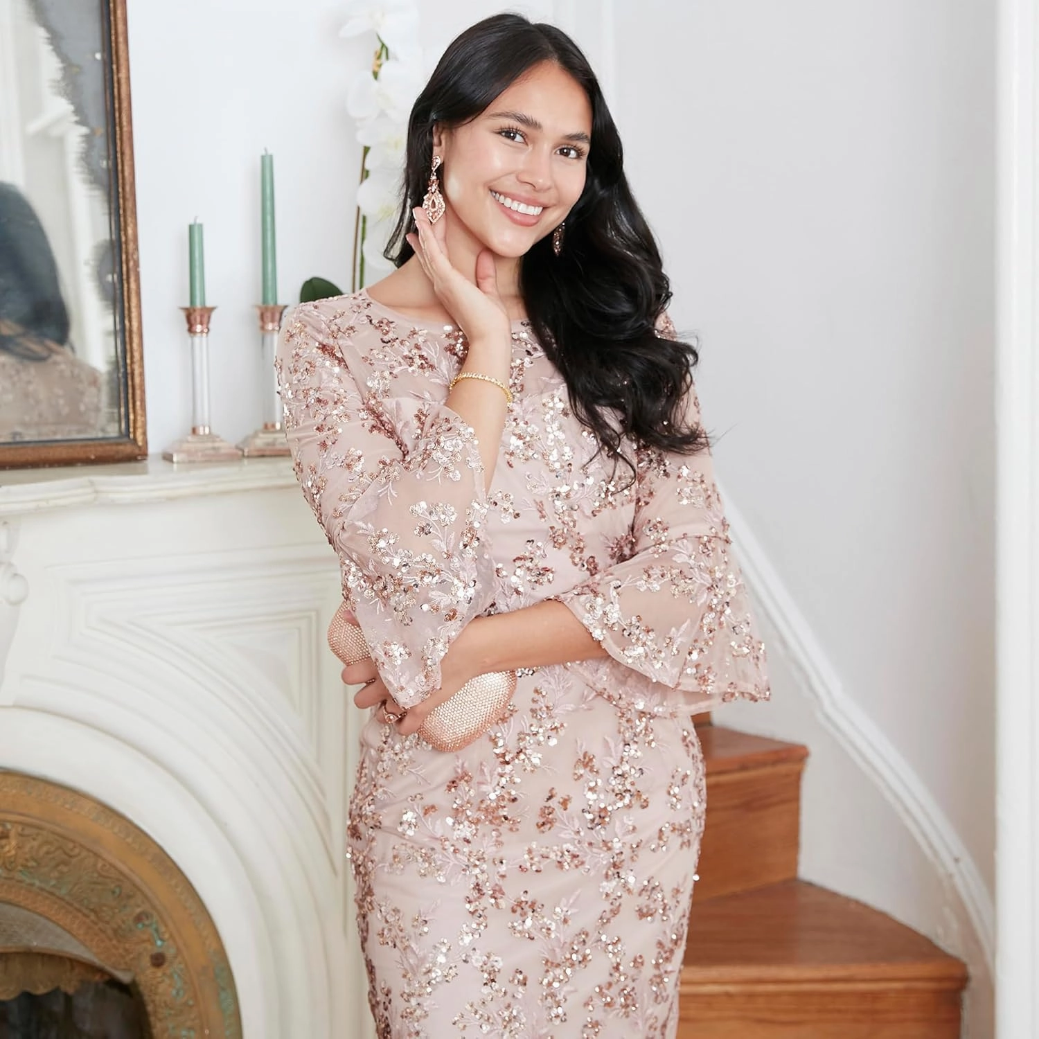 Alex Evenings Women's Short Shift Cocktail Gown with Bell Sleeves, Formal Events, Wedding Guest Dress