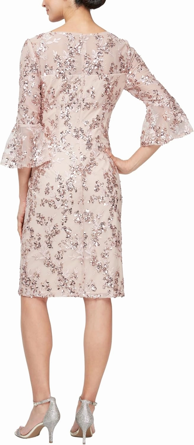 Alex Evenings Women's Short Shift Cocktail Gown with Bell Sleeves, Formal Events, Wedding Guest Dress