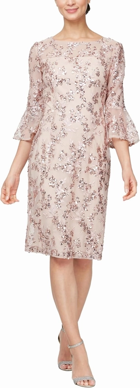 Alex Evenings Women's Short Shift Cocktail Gown with Bell Sleeves, Formal Events, Wedding Guest Dress