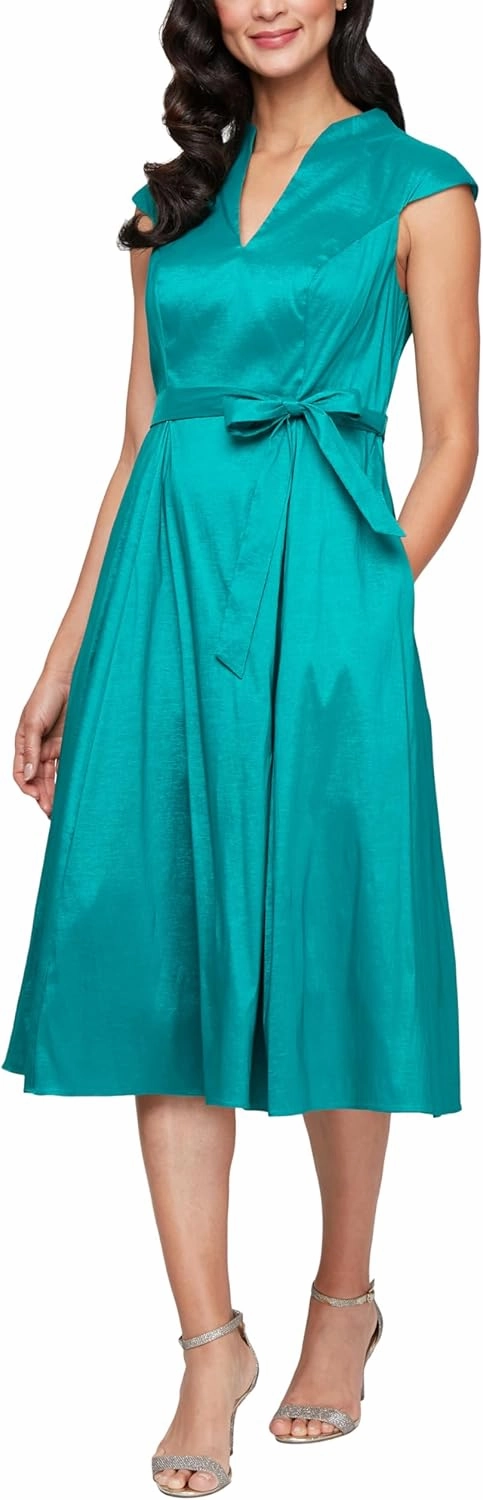 Alex Evenings Women's Stretch Taffeta Wedding Guest Dress with Full Skirt, Pockets, and Tie Belt (Petite and Regular Sizes)