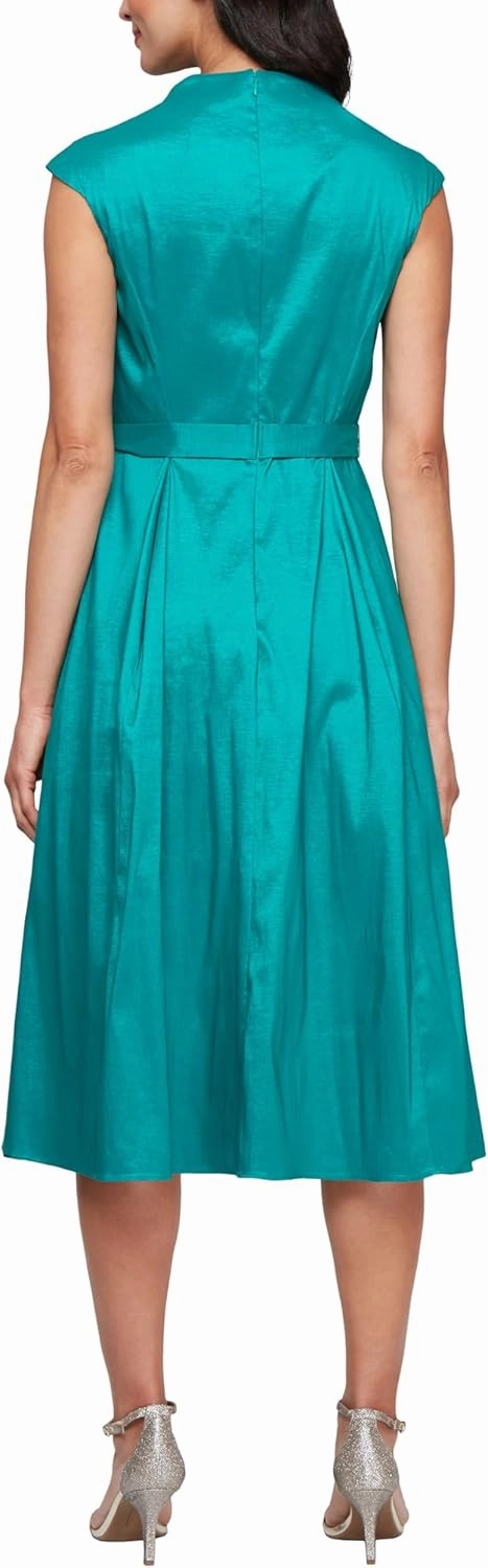 Alex Evenings Women's Stretch Taffeta Wedding Guest Dress with Full Skirt, Pockets, and Tie Belt (Petite and Regular Sizes)