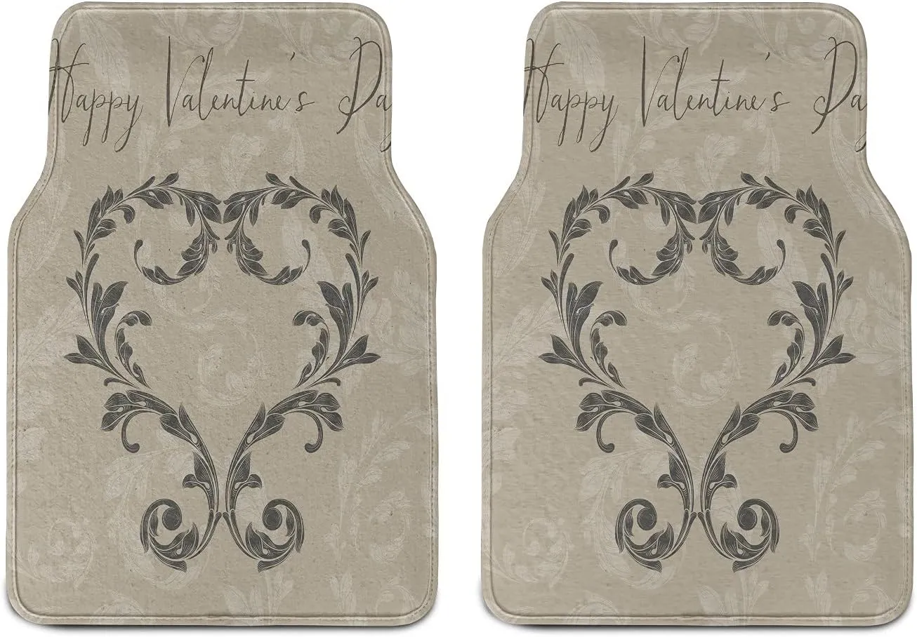 Ambesonne Taupe Car Mat Set of 2, Happy Valentine's Day Hand Writing Laurel Leaves Forming a Heart Victorian, Front Seat Floor Mat Durable PVC Backing Accesory, 27.5" x 17.9", Taupe Tan