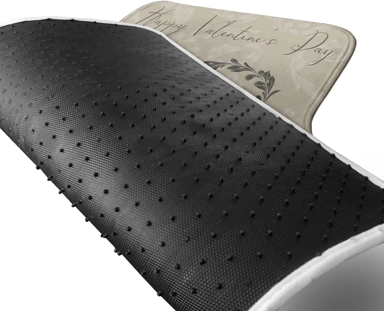Ambesonne Taupe Car Mat Set of 2, Happy Valentine's Day Hand Writing Laurel Leaves Forming a Heart Victorian, Front Seat Floor Mat Durable PVC Backing Accesory, 27.5" x 17.9", Taupe Tan