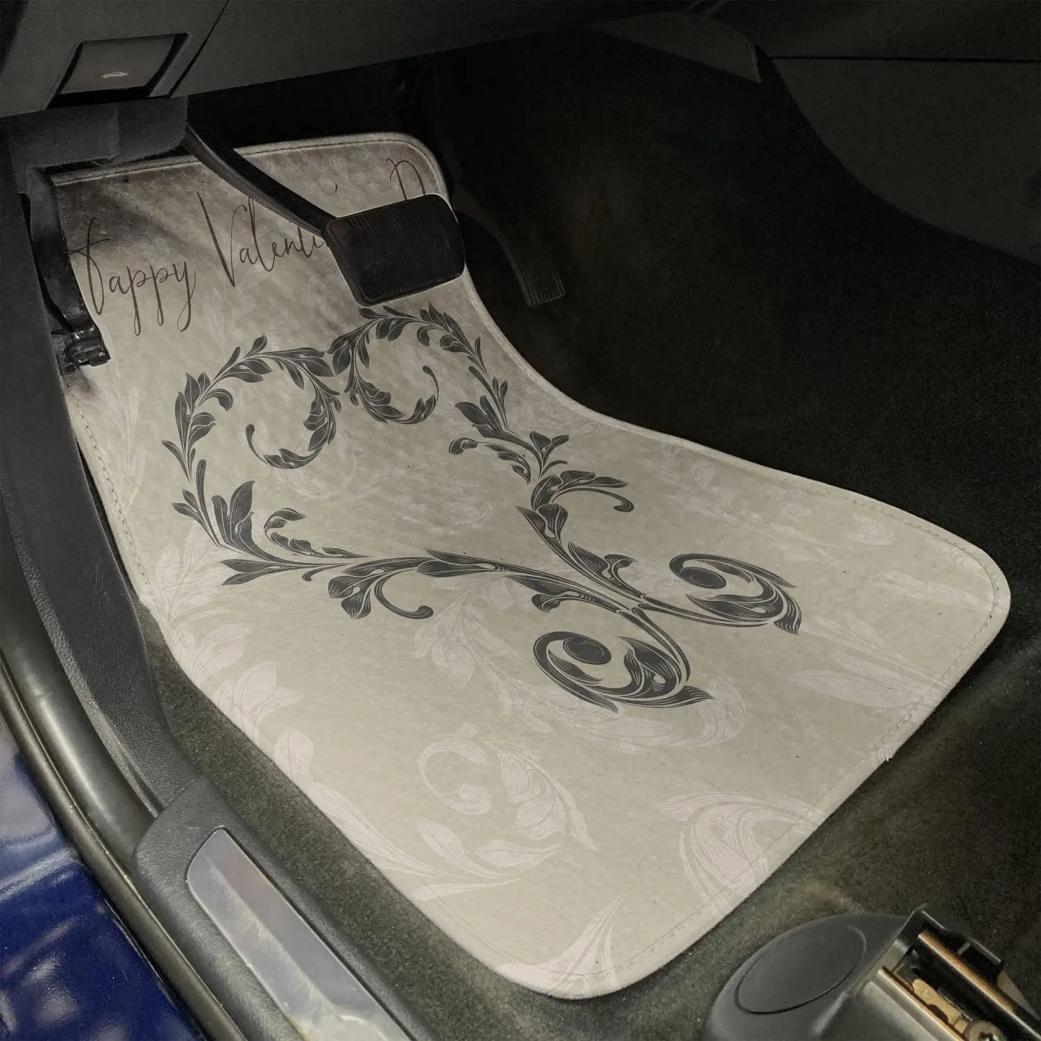 Ambesonne Taupe Car Mat Set of 2, Happy Valentine's Day Hand Writing Laurel Leaves Forming a Heart Victorian, Front Seat Floor Mat Durable PVC Backing Accesory, 27.5" x 17.9", Taupe Tan