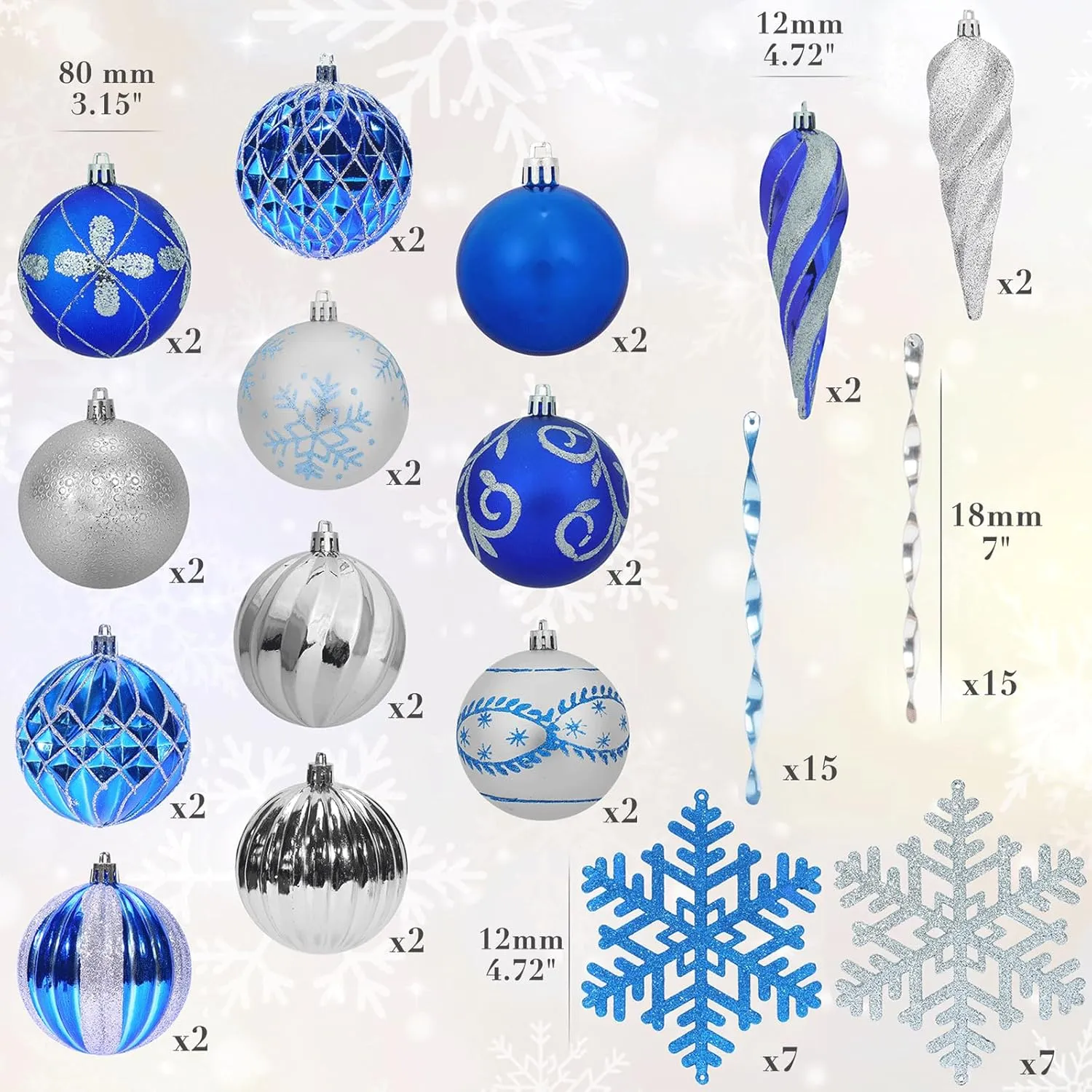 AMS 72ct of Assorted Christmas Ball Ornaments Holiday Tree Decorations Hanging Baubles Set with Reusable Hand-Help Gift Package (Blue Sliver 80mm)