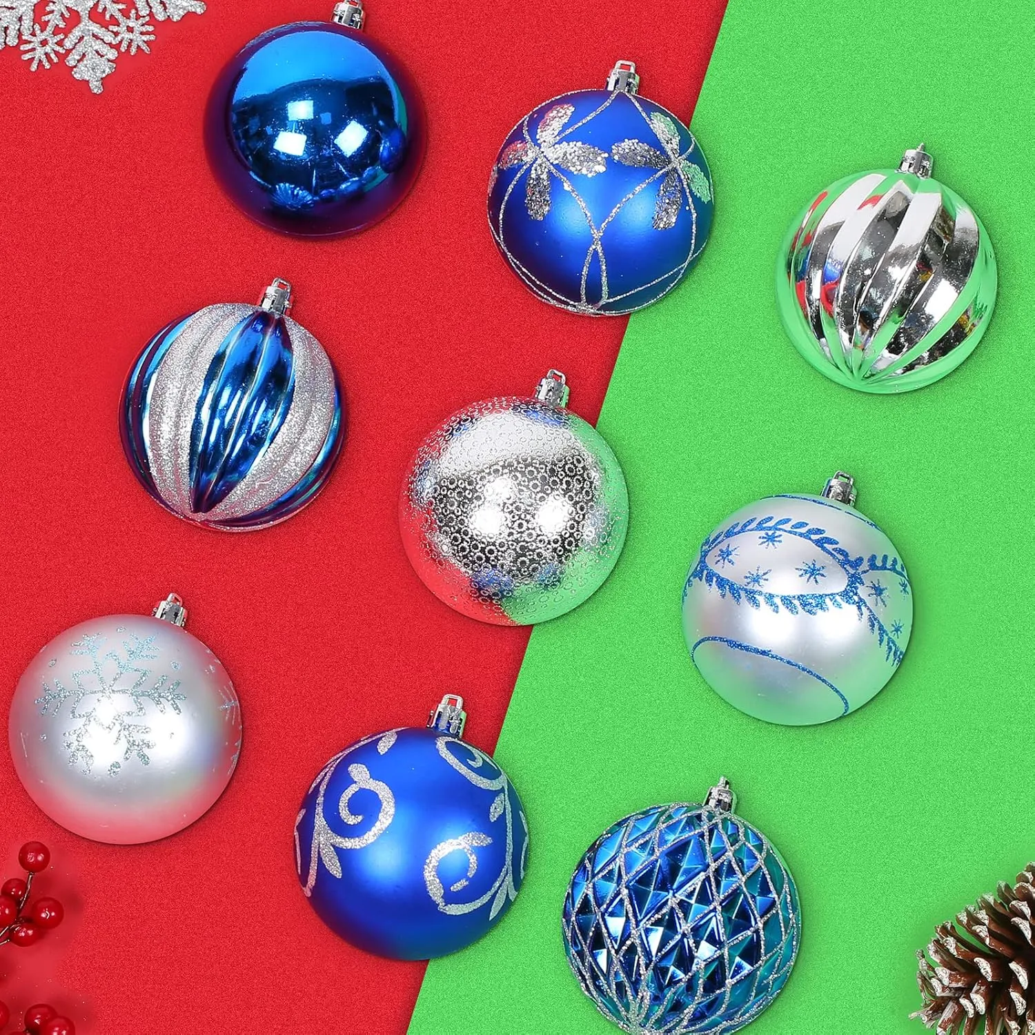 AMS 72ct of Assorted Christmas Ball Ornaments Holiday Tree Decorations Hanging Baubles Set with Reusable Hand-Help Gift Package (Blue Sliver 80mm)