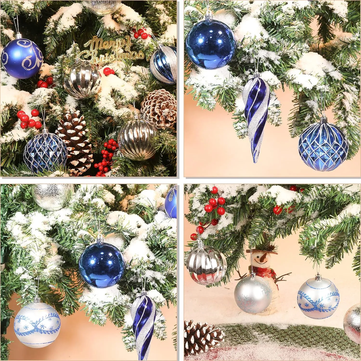 AMS 72ct of Assorted Christmas Ball Ornaments Holiday Tree Decorations Hanging Baubles Set with Reusable Hand-Help Gift Package (Blue Sliver 80mm)