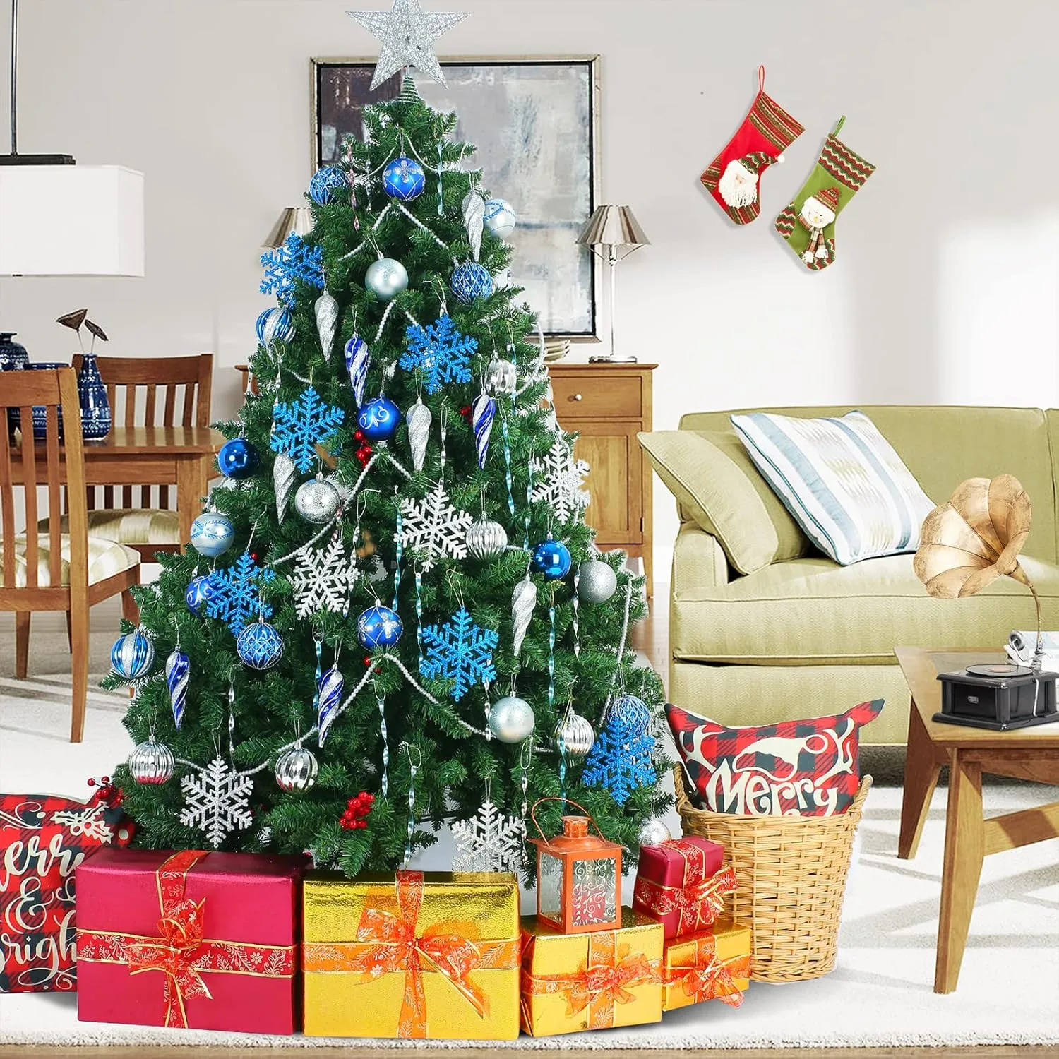 AMS 72ct of Assorted Christmas Ball Ornaments Holiday Tree Decorations Hanging Baubles Set with Reusable Hand-Help Gift Package (Blue Sliver 80mm)