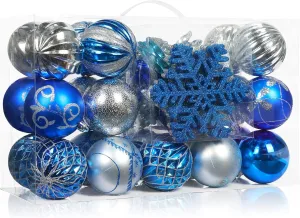 AMS 72ct of Assorted Christmas Ball Ornaments Holiday Tree Decorations Hanging Baubles Set with Reusable Hand-Help Gift Package (Blue Sliver 80mm)