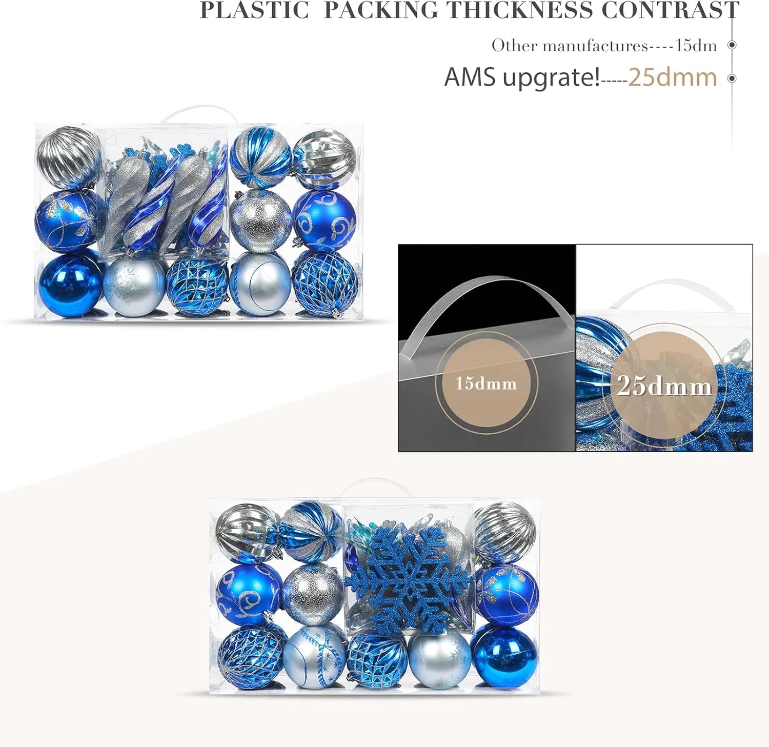 AMS 72ct of Assorted Christmas Ball Ornaments Holiday Tree Decorations Hanging Baubles Set with Reusable Hand-Help Gift Package (Blue Sliver 80mm)