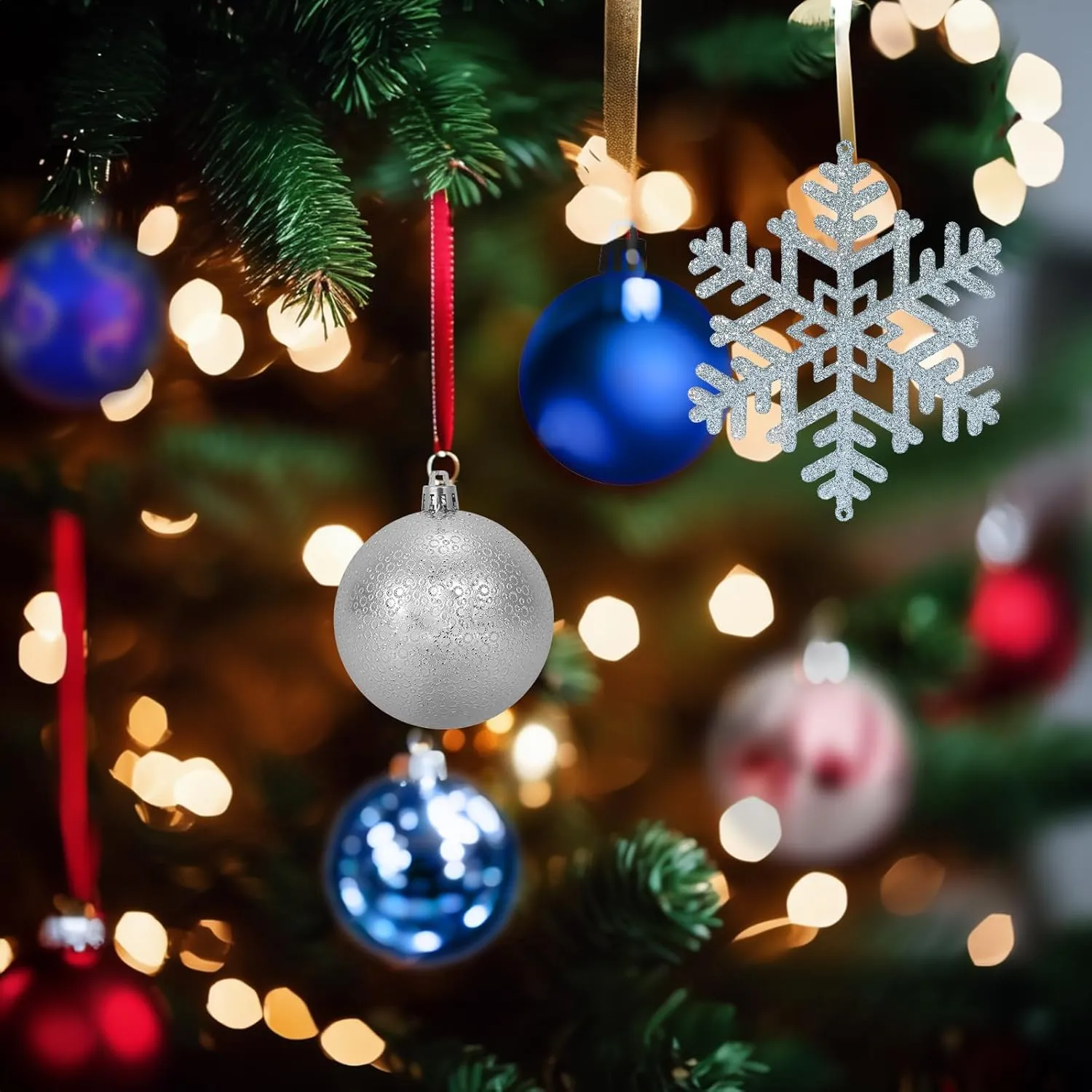 AMS 72ct of Assorted Christmas Ball Ornaments Holiday Tree Decorations Hanging Baubles Set with Reusable Hand-Help Gift Package (Blue Sliver 80mm)