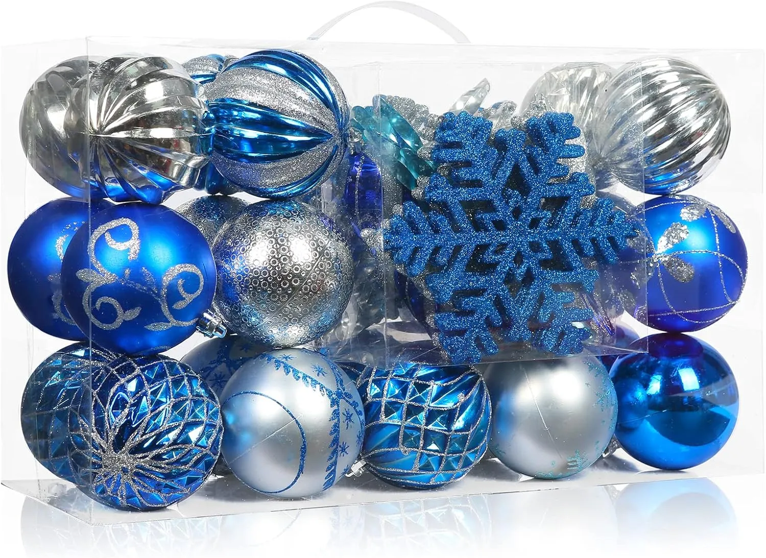 AMS 72ct of Assorted Christmas Ball Ornaments Holiday Tree Decorations Hanging Baubles Set with Reusable Hand-Help Gift Package (Blue Sliver 80mm)