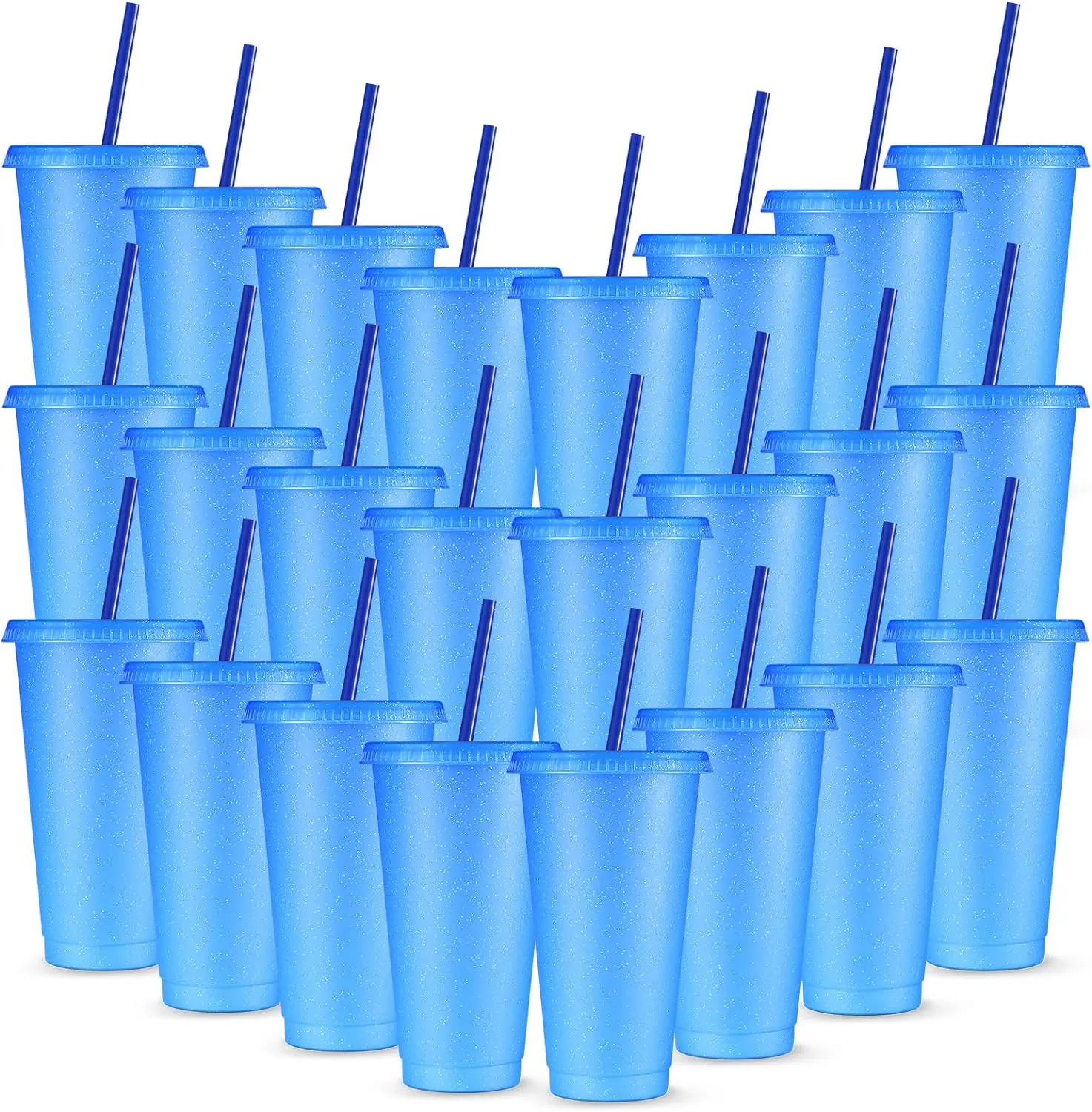 Amyhill 24 Pcs Reusable Cups with Lids and Straws 24 oz Glitter Iced Coffee Tumbler Plastic Travel Mug Cup for Smoothie Juices Birthday Sleepover Party Supplies for Girls(Blue)