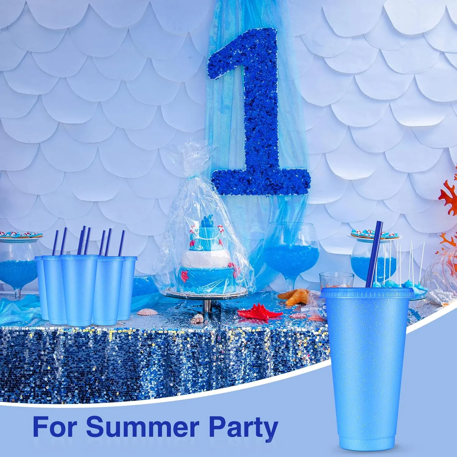 Amyhill 24 Pcs Reusable Cups with Lids and Straws 24 oz Glitter Iced Coffee Tumbler Plastic Travel Mug Cup for Smoothie Juices Birthday Sleepover Party Supplies for Girls(Blue)