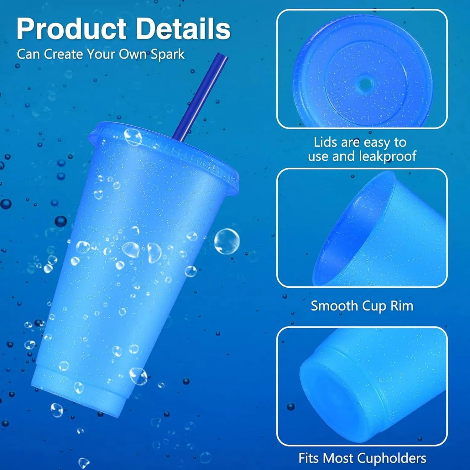 Amyhill 24 Pcs Reusable Cups with Lids and Straws 24 oz Glitter Iced Coffee Tumbler Plastic Travel Mug Cup for Smoothie Juices Birthday Sleepover Party Supplies for Girls(Blue)