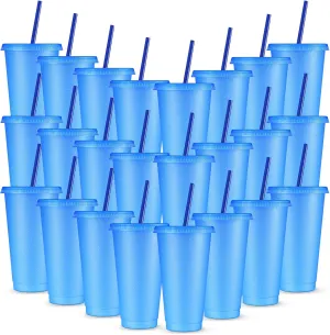 Amyhill 24 Pcs Reusable Cups with Lids and Straws 24 oz Glitter Iced Coffee Tumbler Plastic Travel Mug Cup for Smoothie Juices Birthday Sleepover Party Supplies for Girls(Blue)