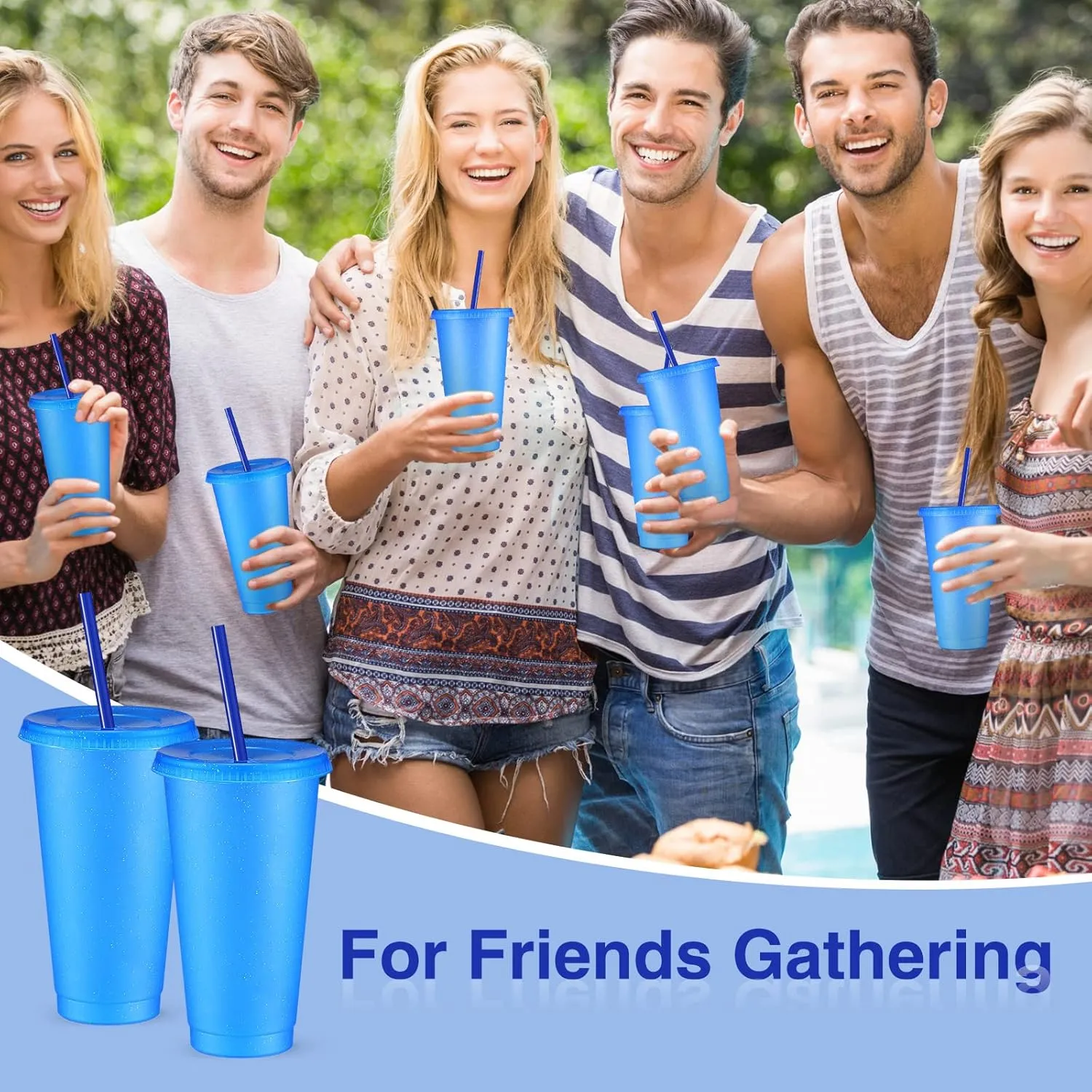 Amyhill 24 Pcs Reusable Cups with Lids and Straws 24 oz Glitter Iced Coffee Tumbler Plastic Travel Mug Cup for Smoothie Juices Birthday Sleepover Party Supplies for Girls(Blue)