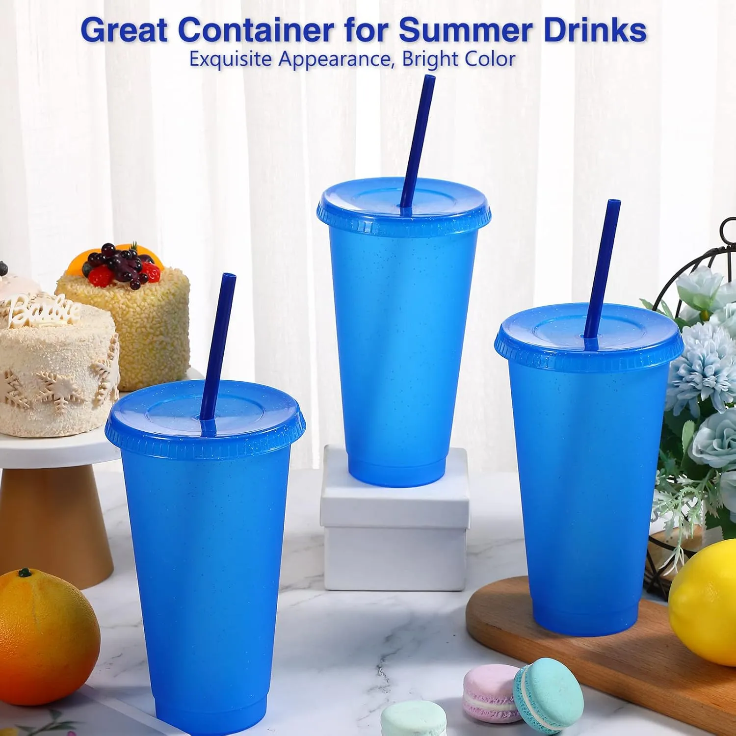 Amyhill 24 Pcs Reusable Cups with Lids and Straws 24 oz Glitter Iced Coffee Tumbler Plastic Travel Mug Cup for Smoothie Juices Birthday Sleepover Party Supplies for Girls(Blue)