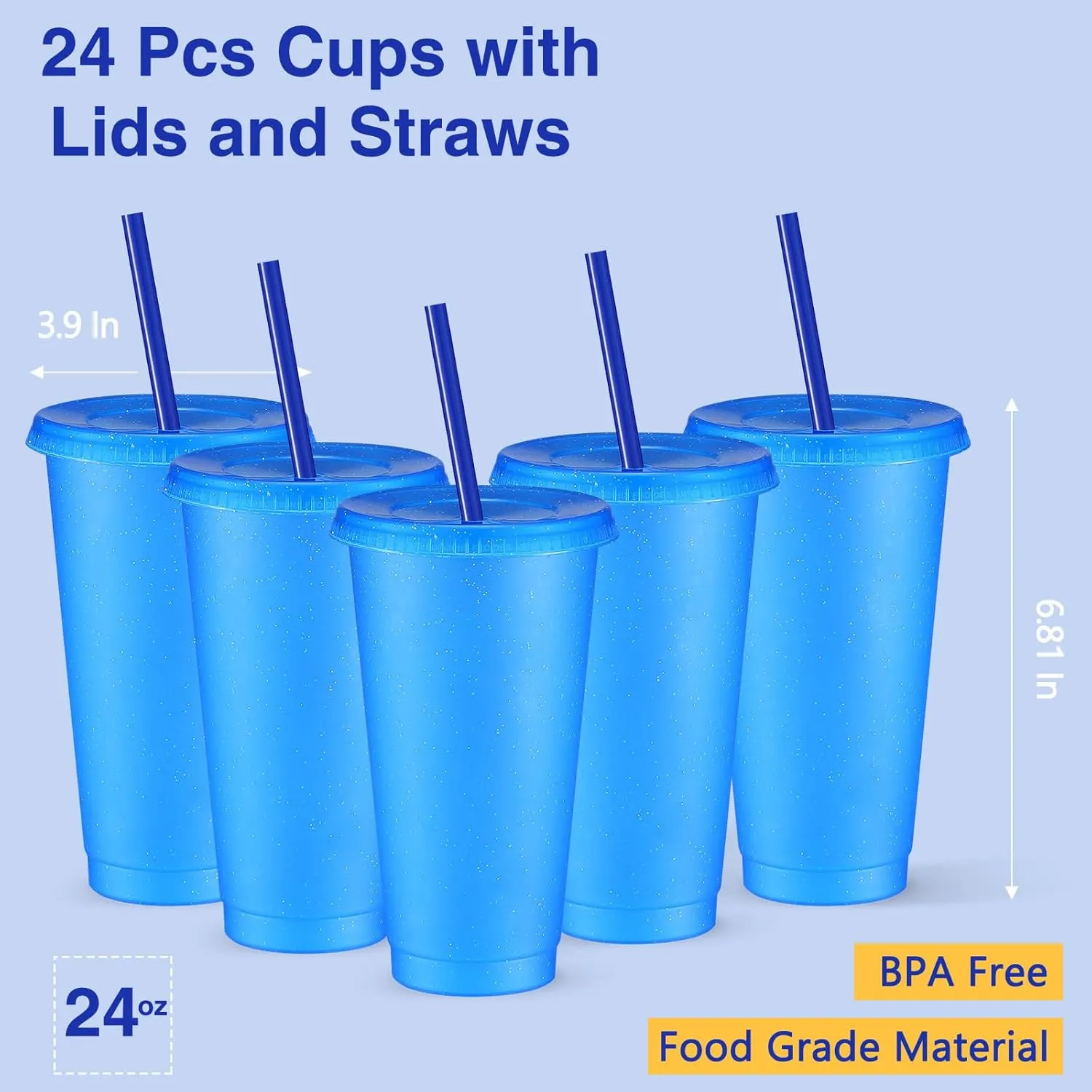 Amyhill 24 Pcs Reusable Cups with Lids and Straws 24 oz Glitter Iced Coffee Tumbler Plastic Travel Mug Cup for Smoothie Juices Birthday Sleepover Party Supplies for Girls(Blue)