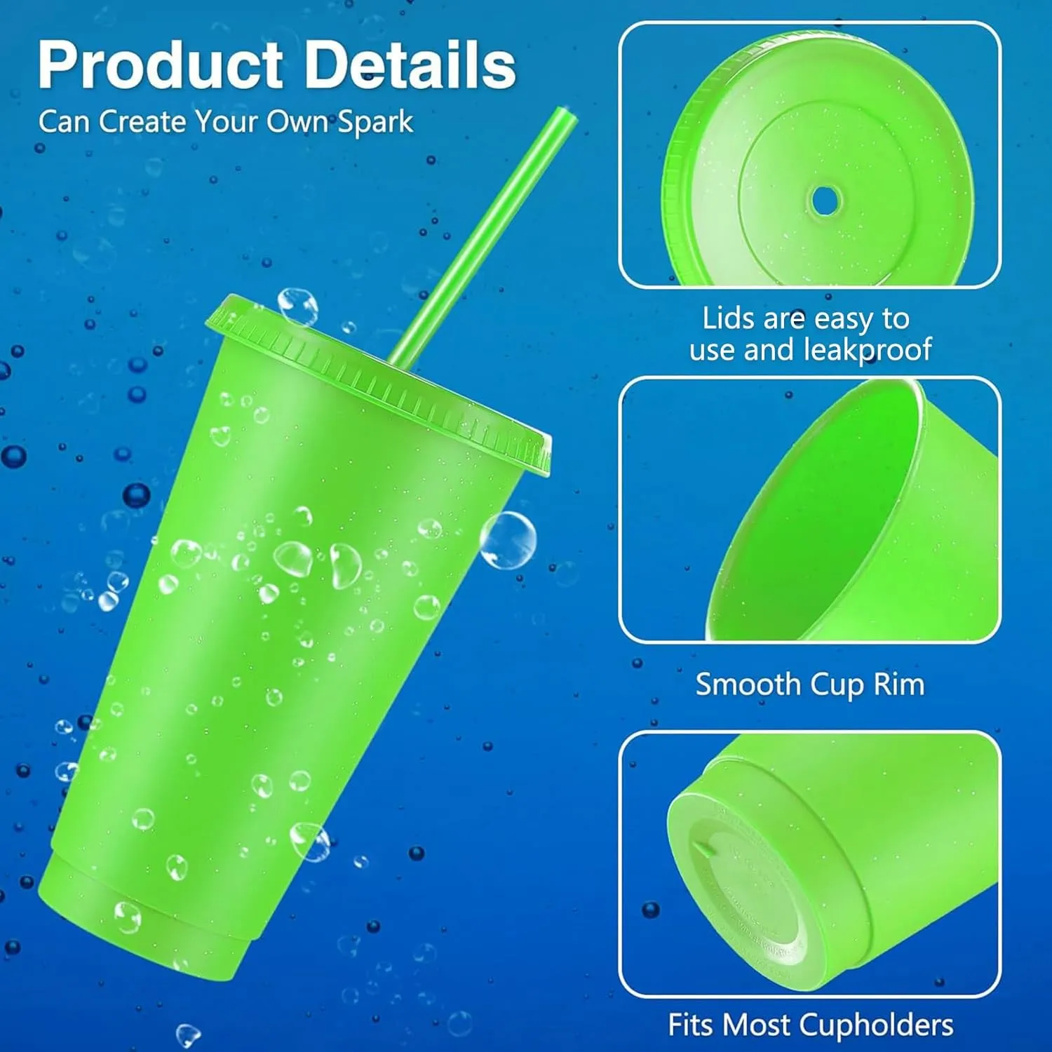 Amyhill 24 Pcs Reusable Cups with Lids and Straws 24 oz Glitter Iced Coffee Tumbler Plastic Travel Mug Cup for Smoothie Juices Birthday Sleepover Party Supplies for Girls(Fluorescent Green)