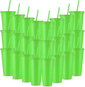Amyhill 24 Pcs Reusable Cups with Lids and Straws 24 oz Glitter Iced Coffee Tumbler Plastic Travel Mug Cup for Smoothie Juices Birthday Sleepover Party Supplies for Girls(Fluorescent Green)
