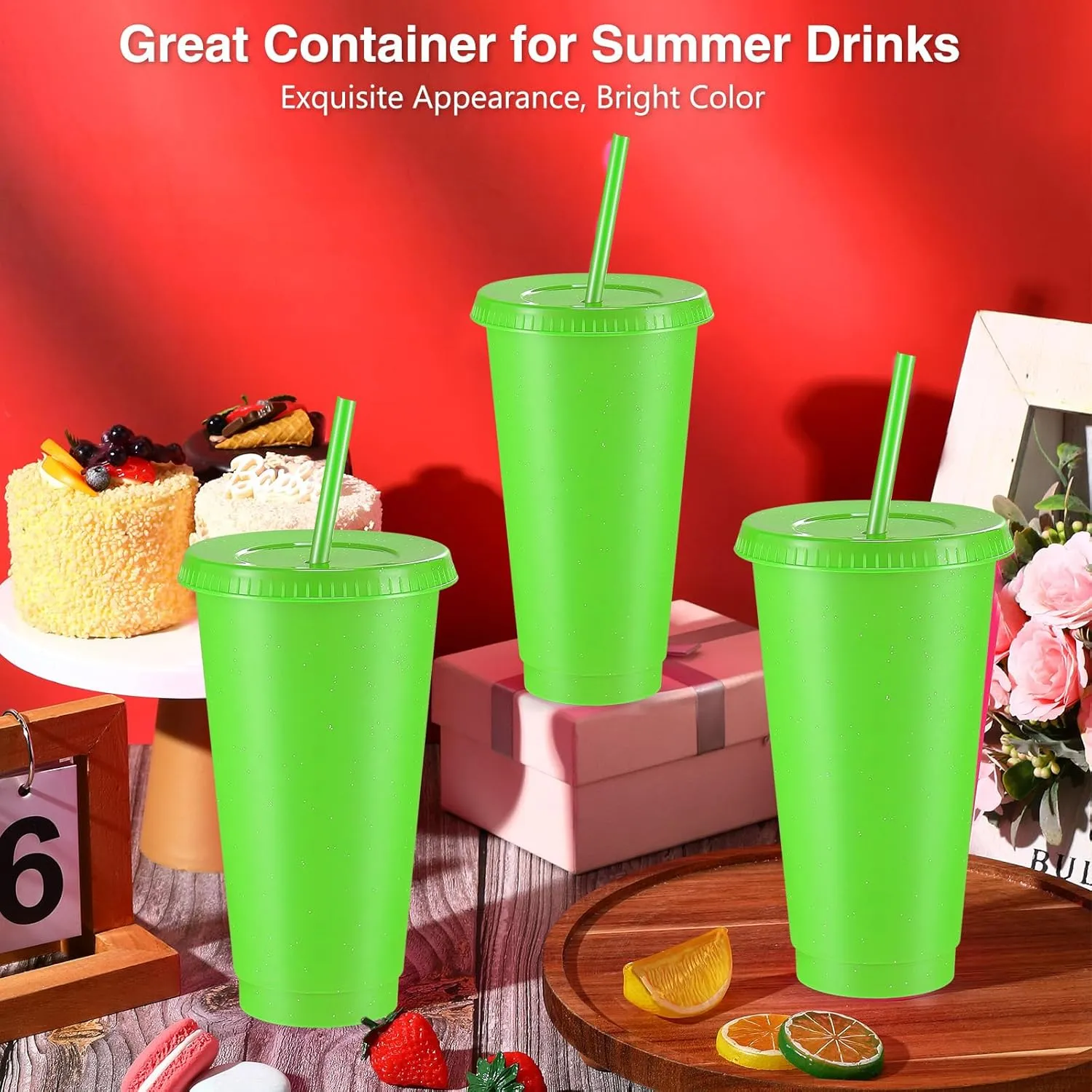 Amyhill 24 Pcs Reusable Cups with Lids and Straws 24 oz Glitter Iced Coffee Tumbler Plastic Travel Mug Cup for Smoothie Juices Birthday Sleepover Party Supplies for Girls(Fluorescent Green)