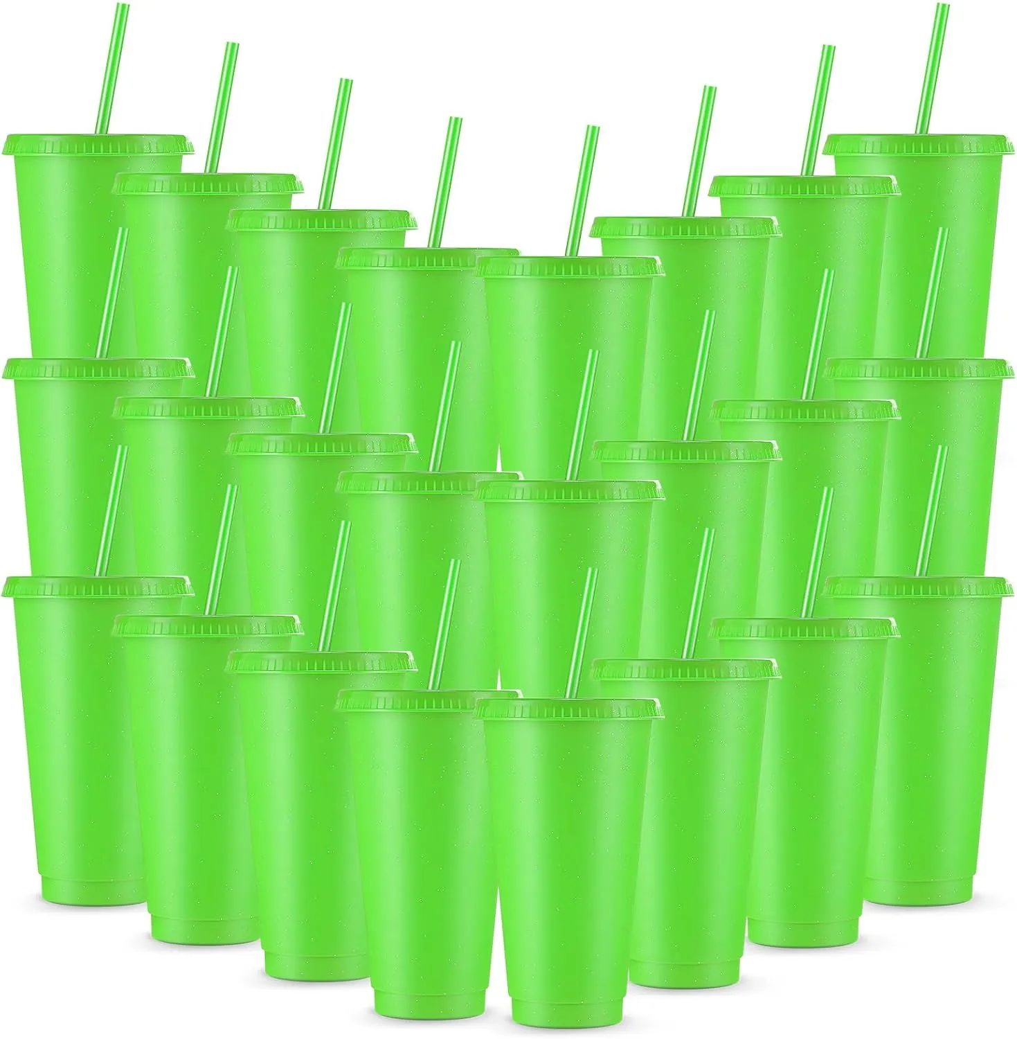 Amyhill 24 Pcs Reusable Cups with Lids and Straws 24 oz Glitter Iced Coffee Tumbler Plastic Travel Mug Cup for Smoothie Juices Birthday Sleepover Party Supplies for Girls(Fluorescent Green)