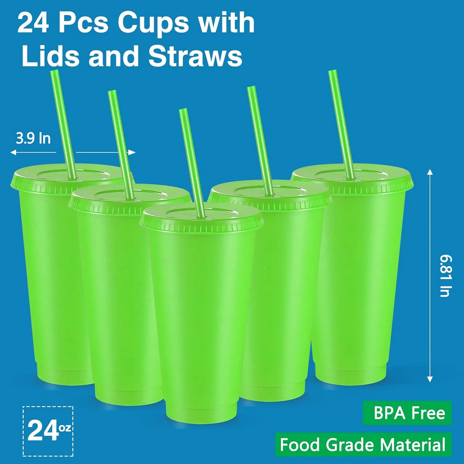 Amyhill 24 Pcs Reusable Cups with Lids and Straws 24 oz Glitter Iced Coffee Tumbler Plastic Travel Mug Cup for Smoothie Juices Birthday Sleepover Party Supplies for Girls(Fluorescent Green)