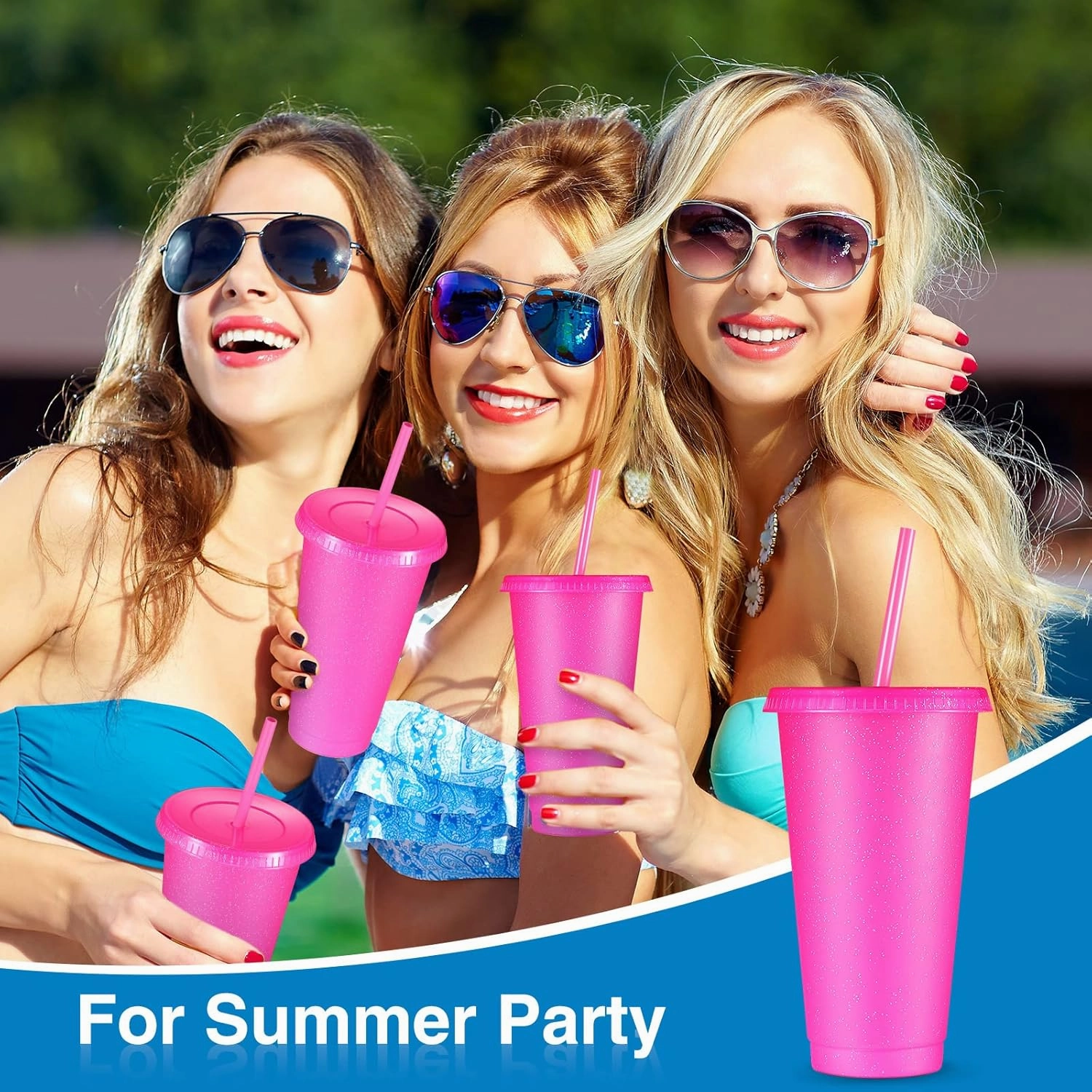 Amyhill 24 Pcs Reusable Cups with Lids and Straws 24 oz Glitter Iced Coffee Tumbler Plastic Travel Mug Cup for Smoothie Juices Birthday Sleepover Party Supplies for Girls(Hot Pink, 24 Pcs)