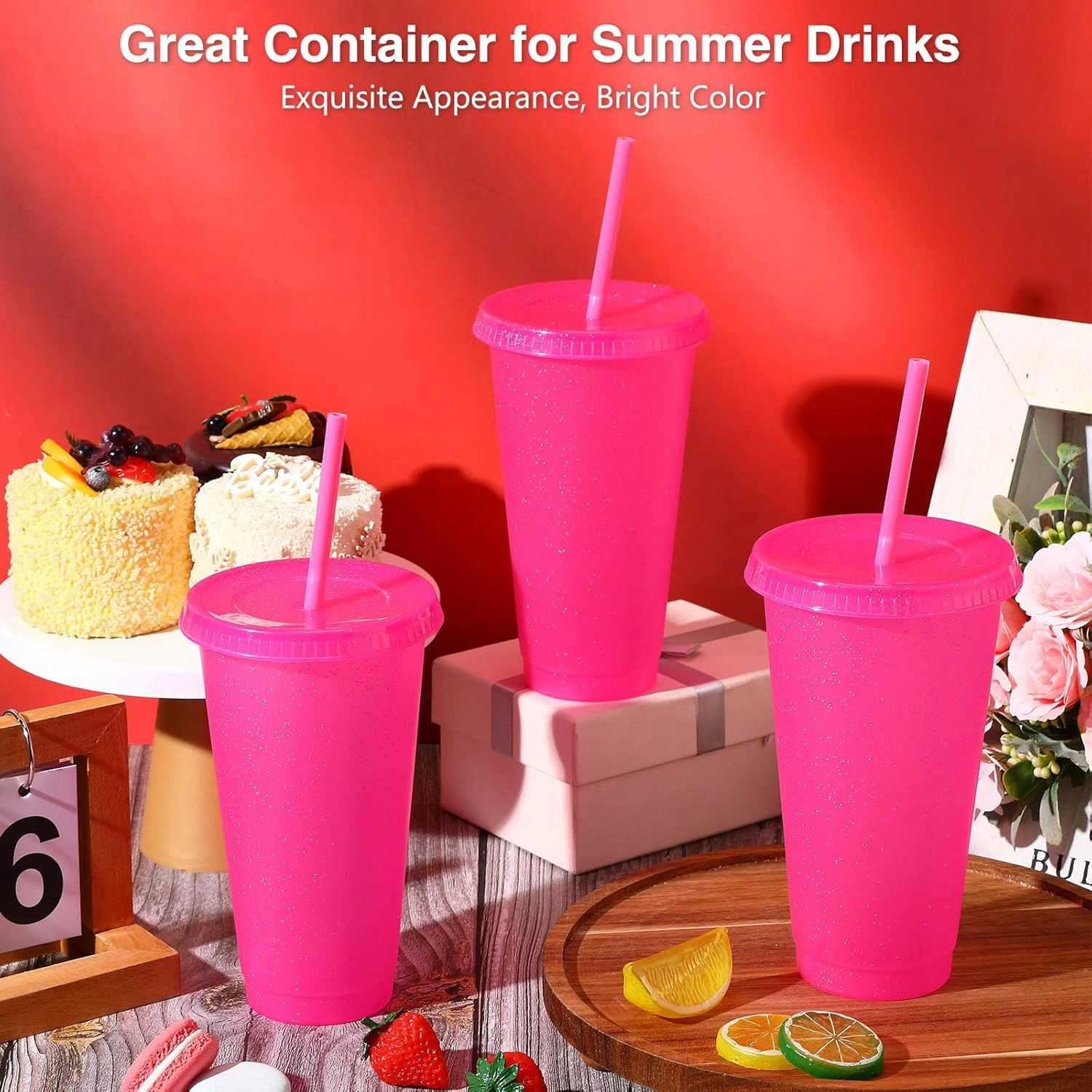 Amyhill 24 Pcs Reusable Cups with Lids and Straws 24 oz Glitter Iced Coffee Tumbler Plastic Travel Mug Cup for Smoothie Juices Birthday Sleepover Party Supplies for Girls(Hot Pink, 24 Pcs)