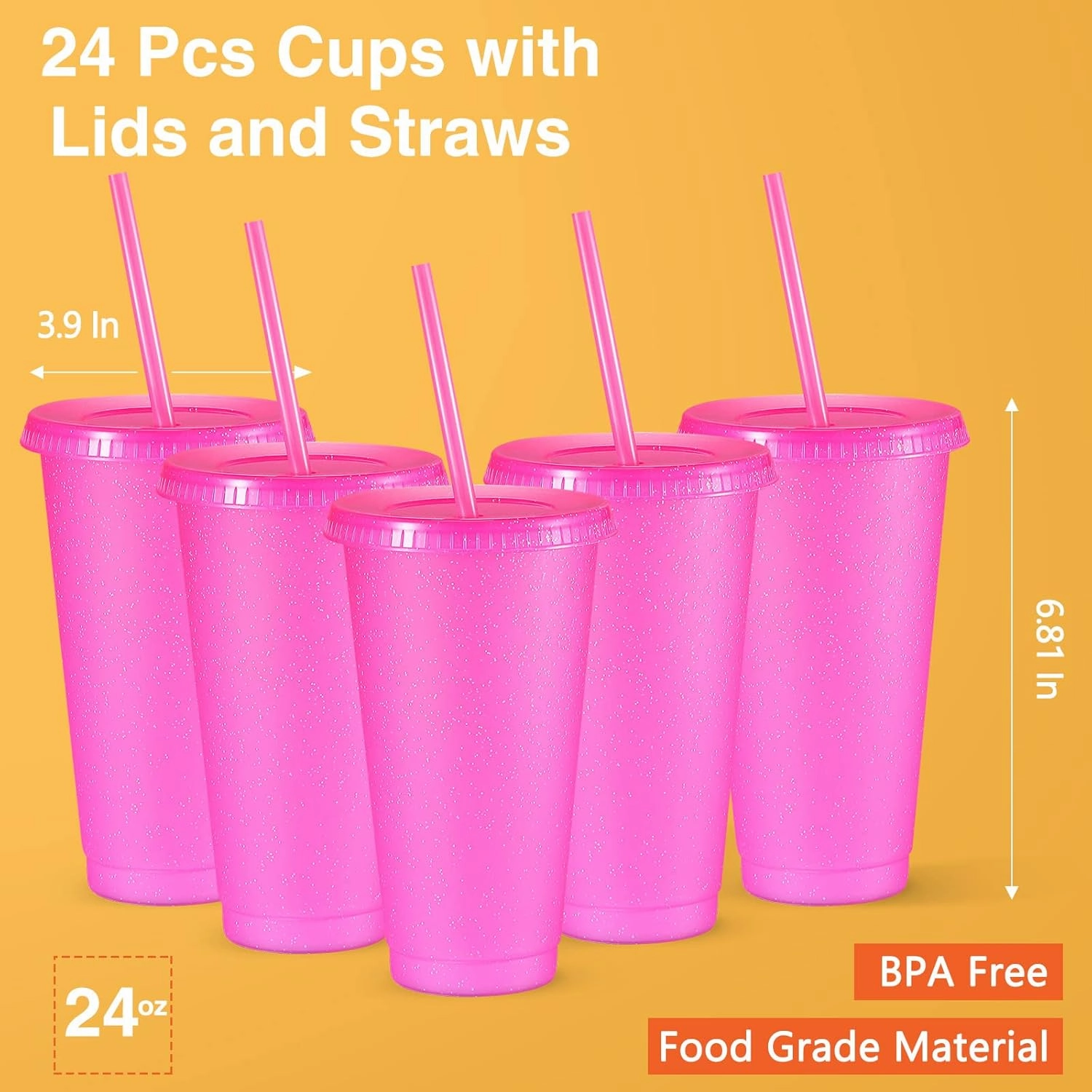 Amyhill 24 Pcs Reusable Cups with Lids and Straws 24 oz Glitter Iced Coffee Tumbler Plastic Travel Mug Cup for Smoothie Juices Birthday Sleepover Party Supplies for Girls(Hot Pink, 24 Pcs)