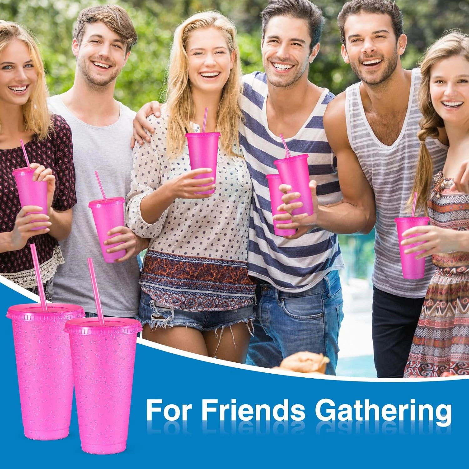 Amyhill 24 Pcs Reusable Cups with Lids and Straws 24 oz Glitter Iced Coffee Tumbler Plastic Travel Mug Cup for Smoothie Juices Birthday Sleepover Party Supplies for Girls(Hot Pink, 24 Pcs)