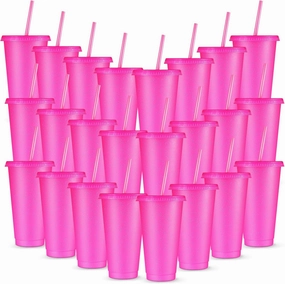 Amyhill 24 Pcs Reusable Cups with Lids and Straws 24 oz Glitter Iced Coffee Tumbler Plastic Travel Mug Cup for Smoothie Juices Birthday Sleepover Party Supplies for Girls(Hot Pink, 24 Pcs)