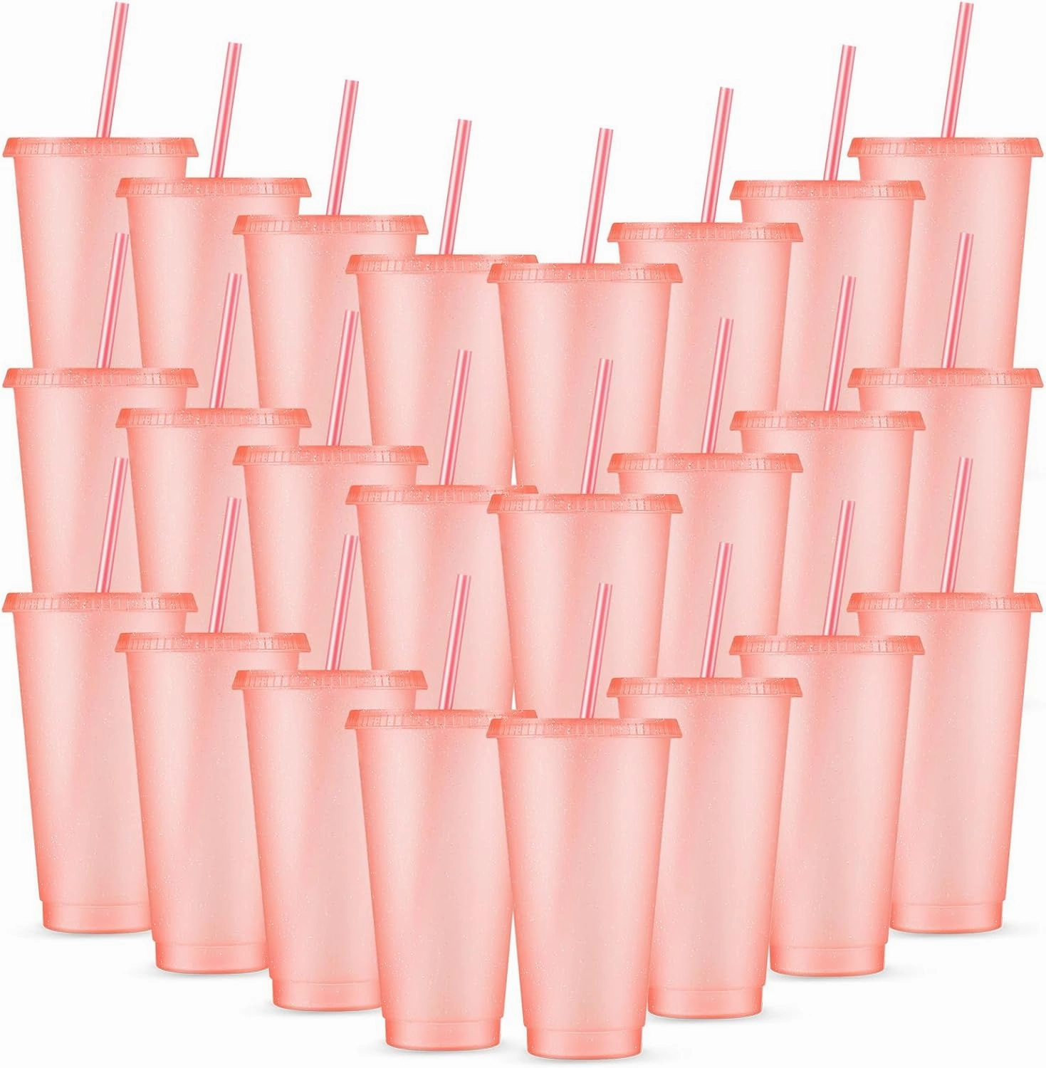 Amyhill 24 Pcs Reusable Cups with Lids and Straws 24 oz Glitter Iced Coffee Tumbler Plastic Travel Mug Cup for Smoothie Juices Birthday Sleepover Party Supplies for Girls(Light Pink)