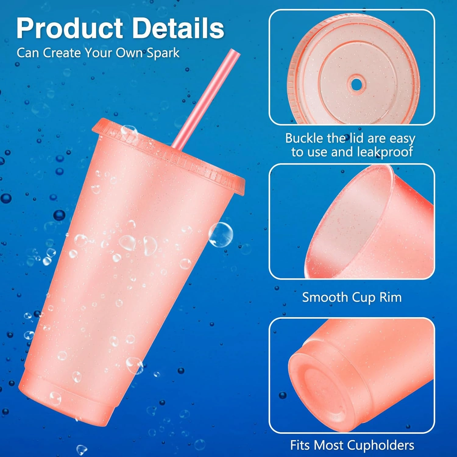 Amyhill 24 Pcs Reusable Cups with Lids and Straws 24 oz Glitter Iced Coffee Tumbler Plastic Travel Mug Cup for Smoothie Juices Birthday Sleepover Party Supplies for Girls(Light Pink)