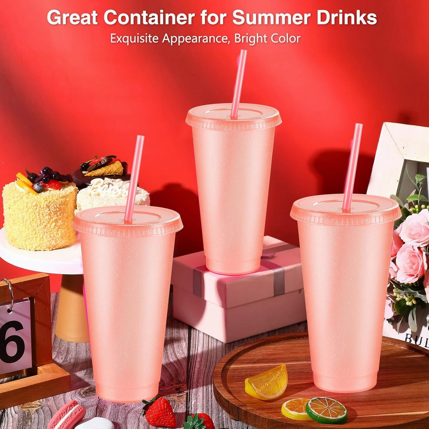 Amyhill 24 Pcs Reusable Cups with Lids and Straws 24 oz Glitter Iced Coffee Tumbler Plastic Travel Mug Cup for Smoothie Juices Birthday Sleepover Party Supplies for Girls(Light Pink)