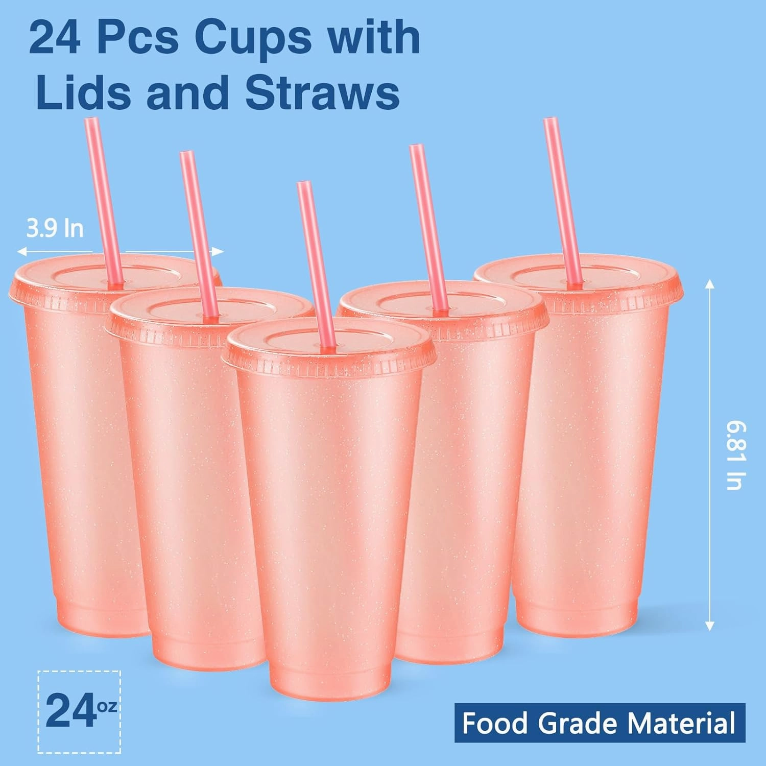 Amyhill 24 Pcs Reusable Cups with Lids and Straws 24 oz Glitter Iced Coffee Tumbler Plastic Travel Mug Cup for Smoothie Juices Birthday Sleepover Party Supplies for Girls(Light Pink)