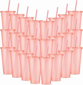 Amyhill 24 Pcs Reusable Cups with Lids and Straws 24 oz Glitter Iced Coffee Tumbler Plastic Travel Mug Cup for Smoothie Juices Birthday Sleepover Party Supplies for Girls(Light Pink)