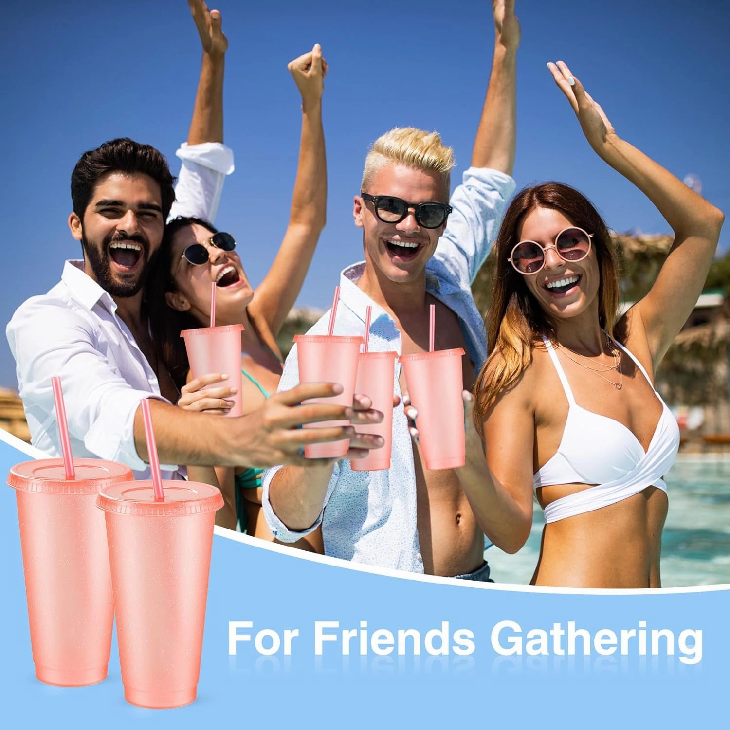 Amyhill 24 Pcs Reusable Cups with Lids and Straws 24 oz Glitter Iced Coffee Tumbler Plastic Travel Mug Cup for Smoothie Juices Birthday Sleepover Party Supplies for Girls(Light Pink)