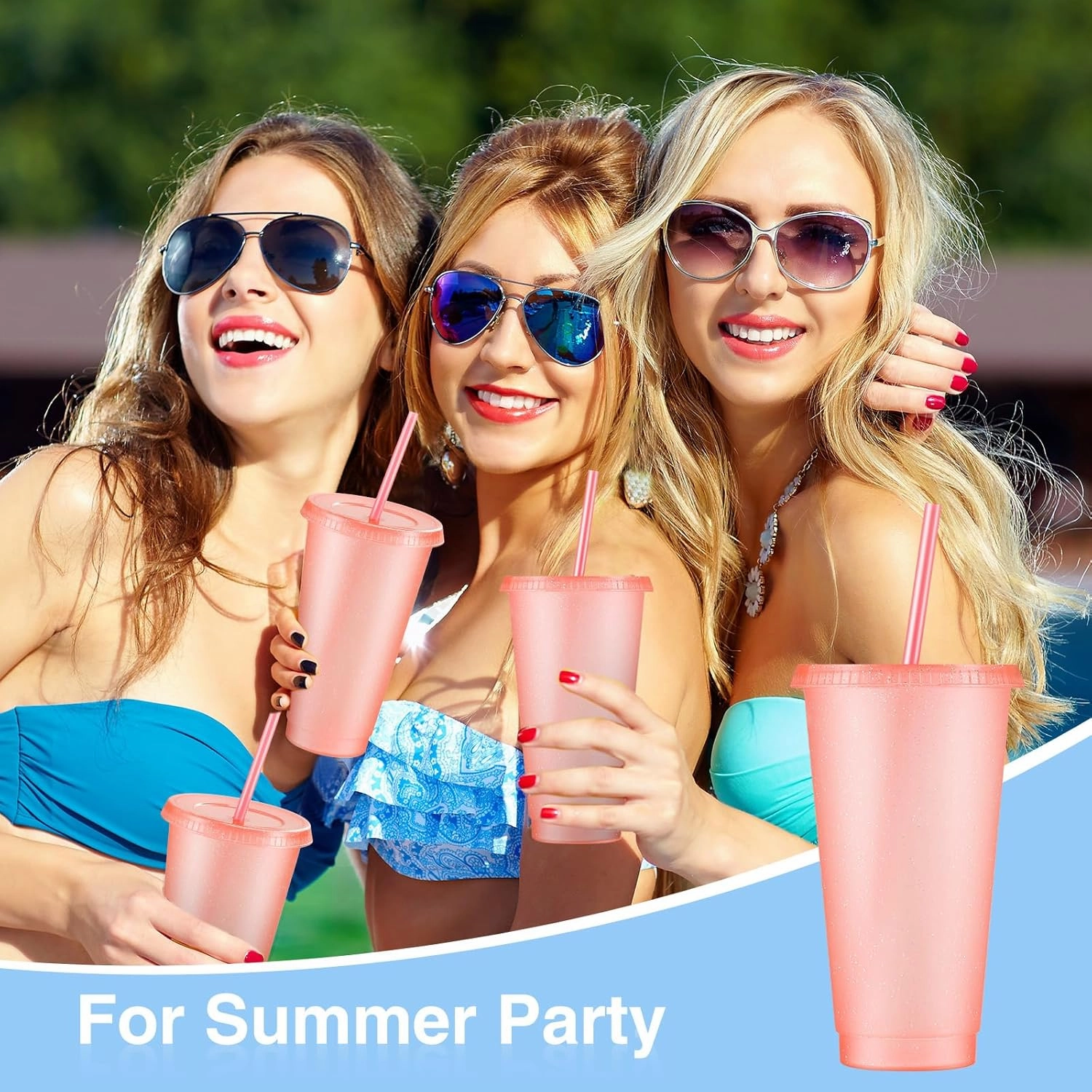 Amyhill 24 Pcs Reusable Cups with Lids and Straws 24 oz Glitter Iced Coffee Tumbler Plastic Travel Mug Cup for Smoothie Juices Birthday Sleepover Party Supplies for Girls(Light Pink)