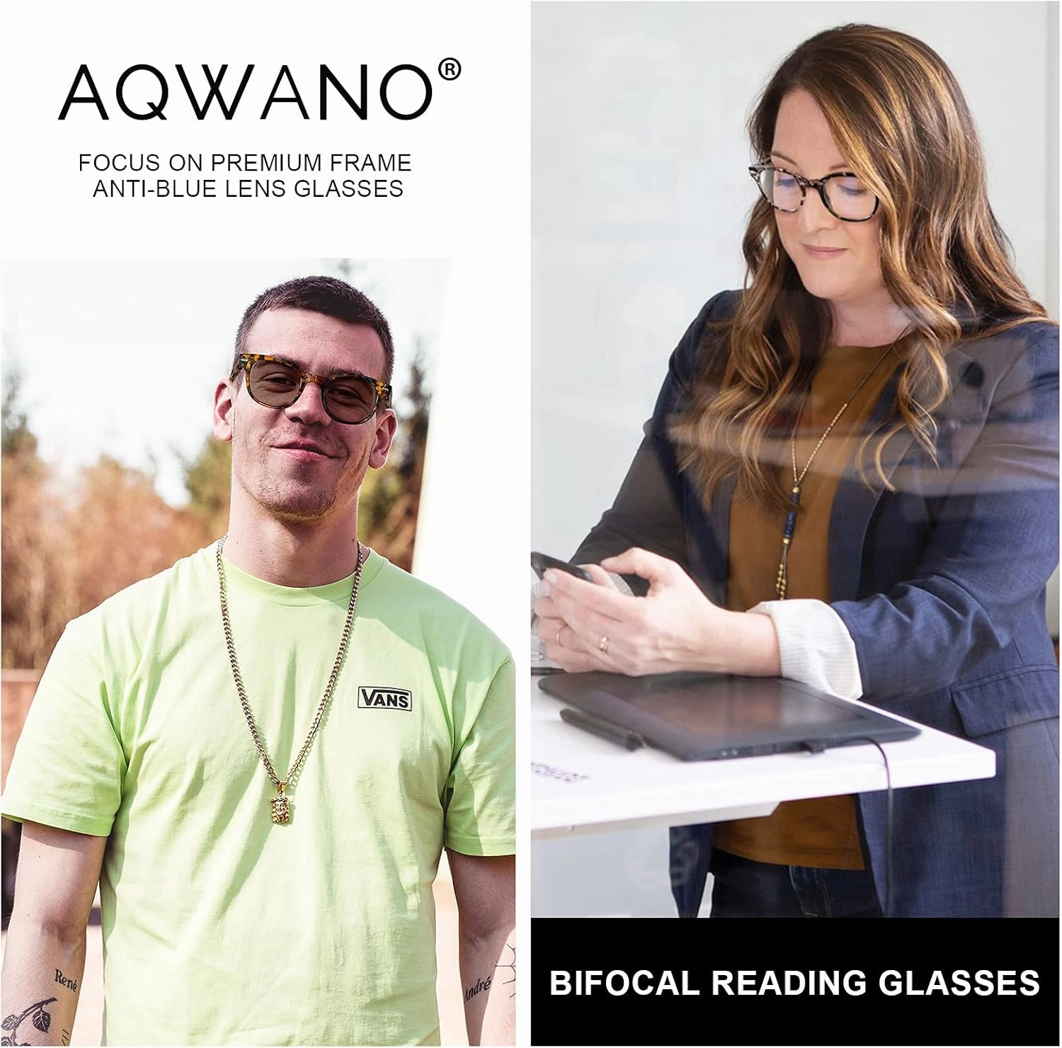 AQWANO Fashion Stylish Bifocal Reading glasses, Anti UV400 Protection Readers Lightweight Quality Spring Hinge Bifocal Readers Men and Women, 1.0