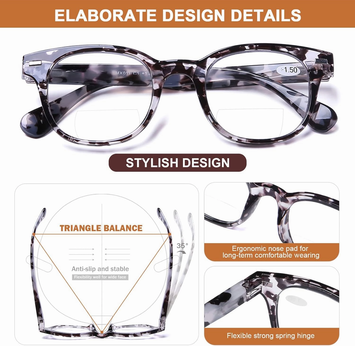 AQWANO Fashion Stylish Bifocal Reading glasses, Anti UV400 Protection Readers Lightweight Quality Spring Hinge Bifocal Readers Men and Women, 1.0